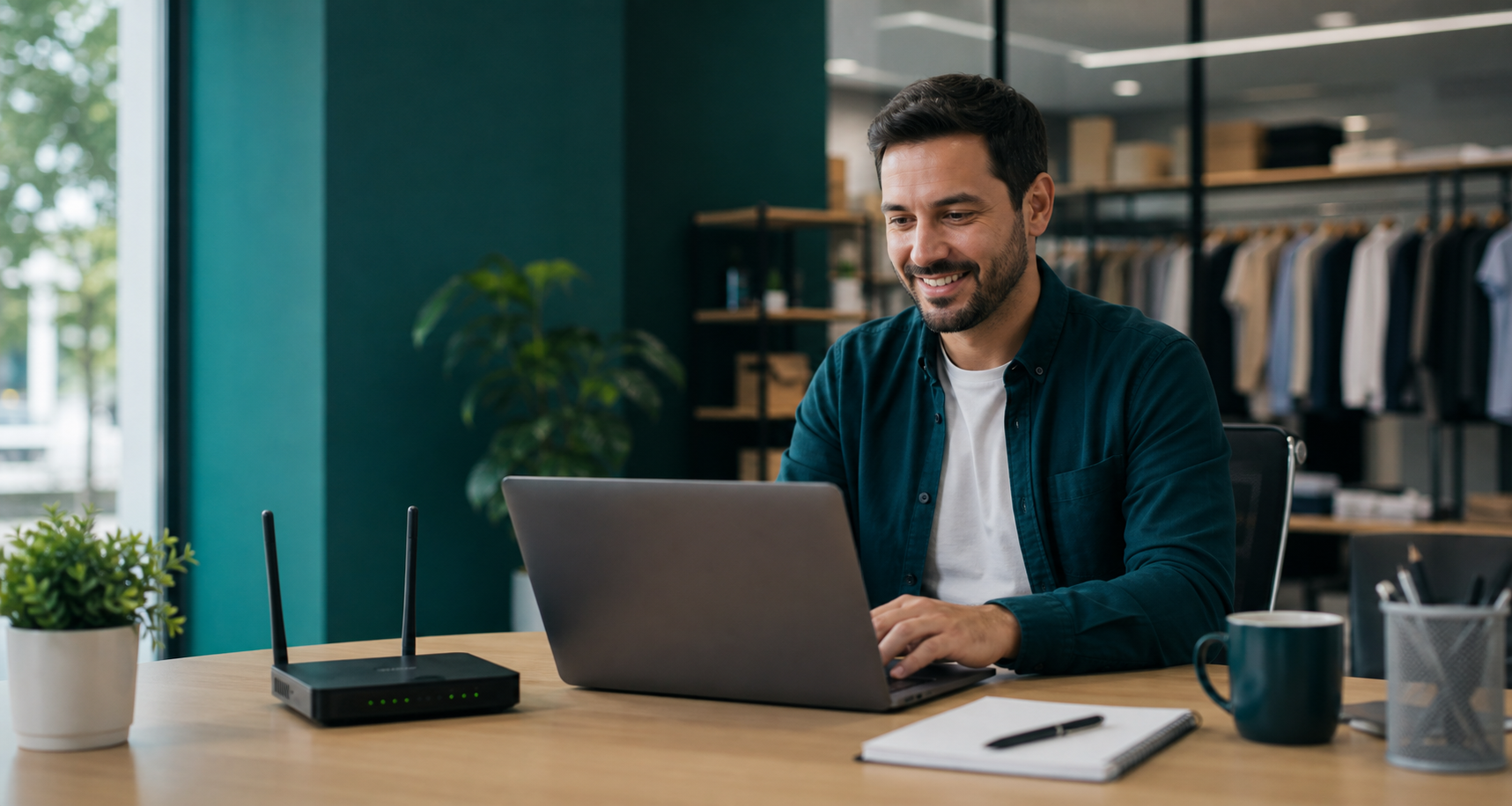 Empresário utilizando conexão de internet empresarial em seu estabelecimento